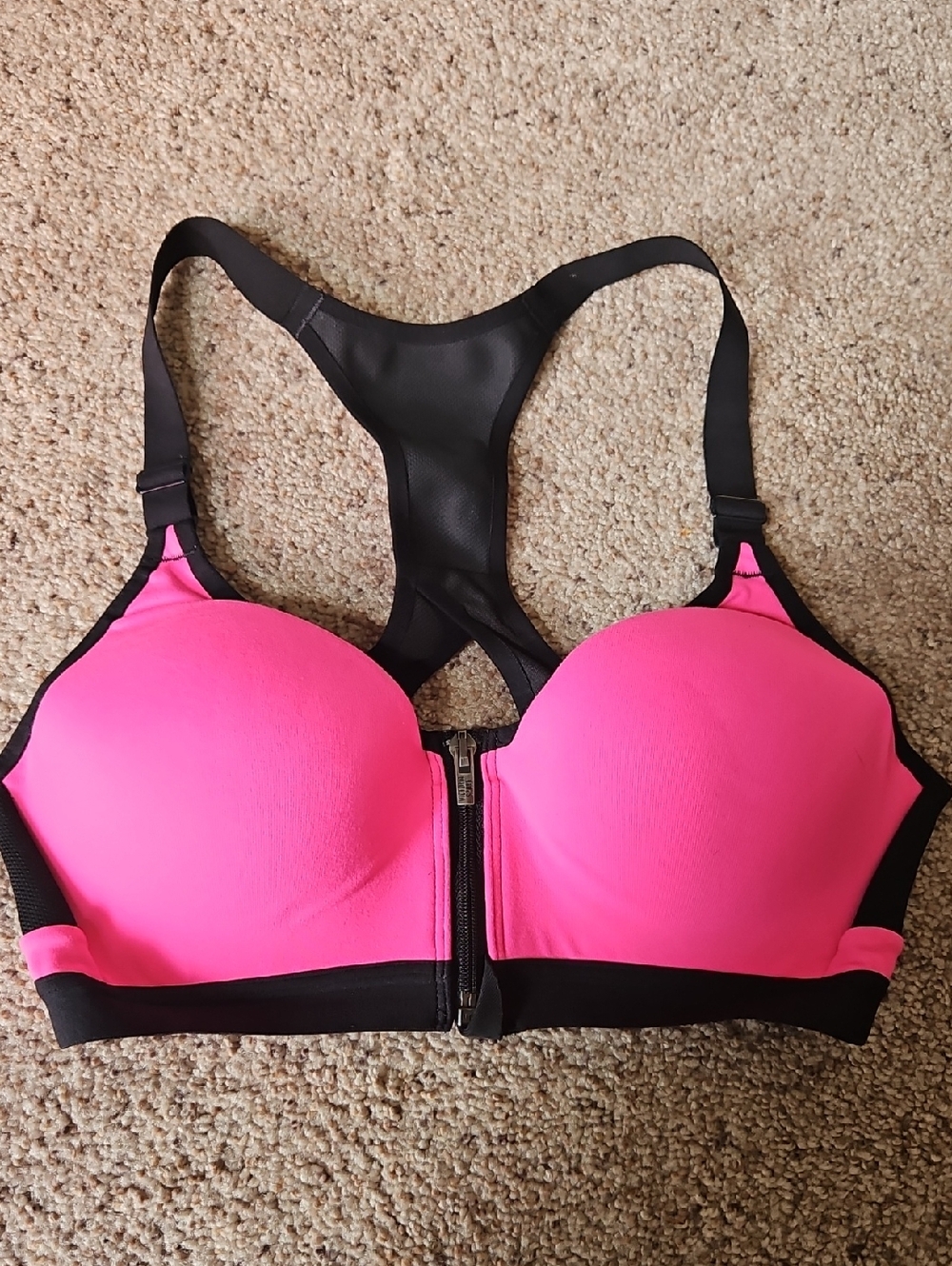 Victoria's Secret Hot Pink and Black Front-Zip Racerback Sports Bra
